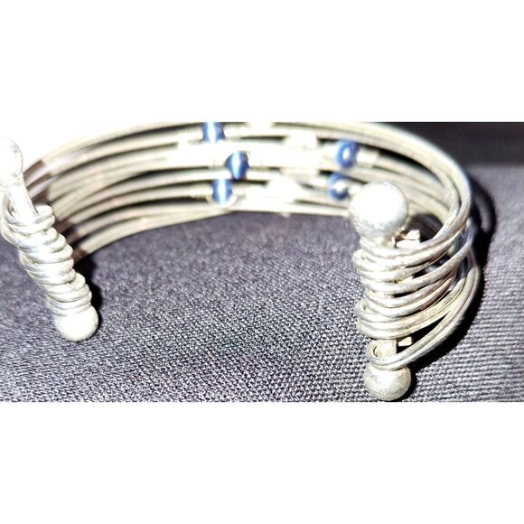 Adjustable Silver Wire Cuff Bracelet With Blue Beads & Square Accents - Picture 3 of 6